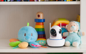 Baby monitor on shelf with toys