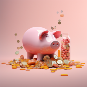 Piggy bank with coins and pills