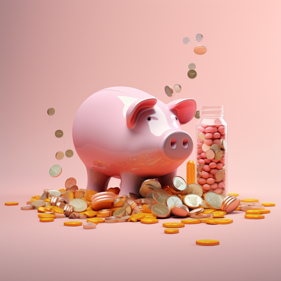 Piggy bank with coins and pills