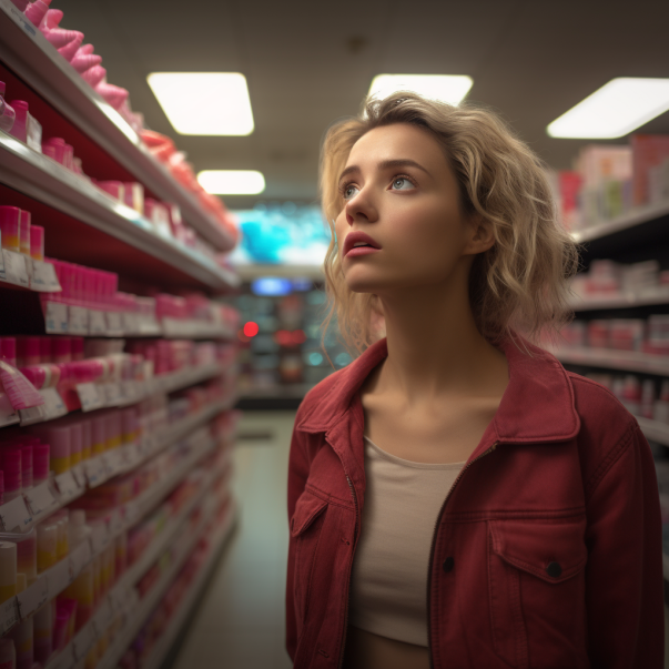 Woman in drugstore aisle looking at period products