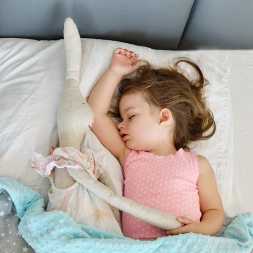 toddler sleepin gin bed with stuffed animal